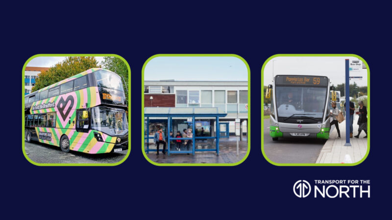 Three images of buses and people waiting at bus stop