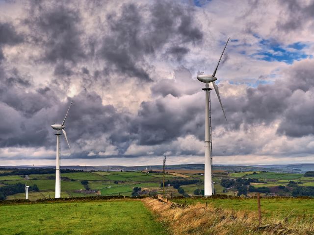 Wind turbines in field