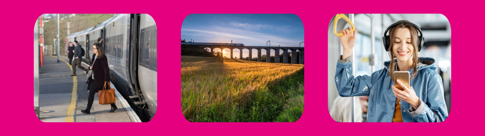 Three images, first image is a woman exiting train at Oxenholme, second image is a rural rail bridge, third image is a young woman riding a bus
